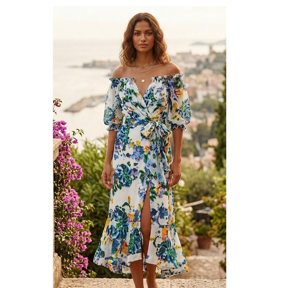 Saloni Floral Midi Dress Womens 2 White Silk Rayon Off Shoulder Wrap Good
